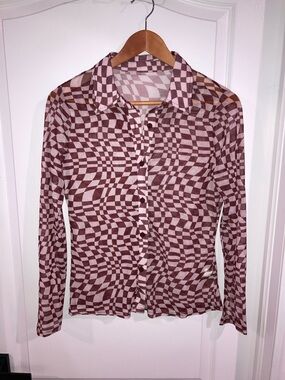 NWOT Brown Wavy Checkered Button Up Mesh Top SHEIN - size L